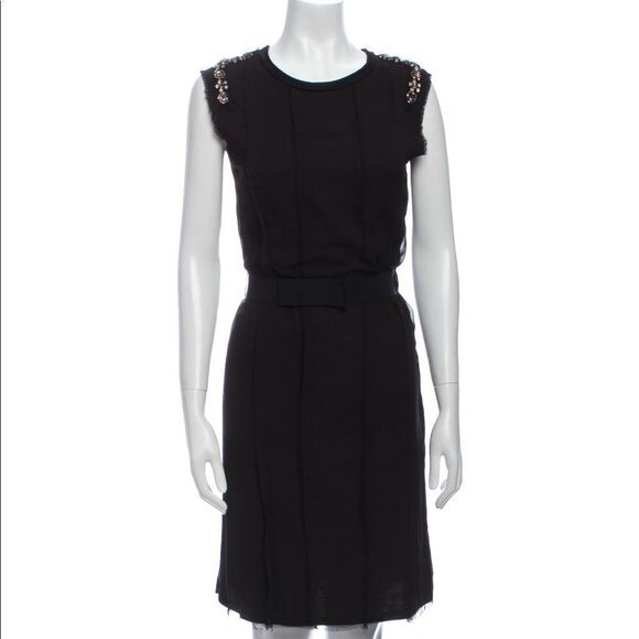 Lanvin Scoop Neck Sleeveless Black Dress With Rhinestones and Ribbon Belt Small - Picture 1 of 10